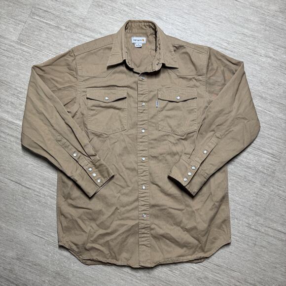 Carhartt Heavy Canvas Pearl Snap Western Button Up Shirt Mens L Beige Workwear - Picture 1 of 10